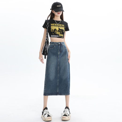 真维斯牛仔半身裙女2025夏季新款高腰显瘦开叉a字中长款复古包臀裙子女 3878怀旧蓝 M