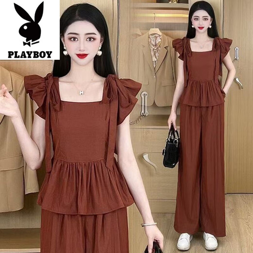花花公子（PLAYBOY）时尚休闲套装女2025夏季新款洋气减龄方领短袖小个子阔腿裤两件套 咖色【上衣+裤子】好质量套装-旗 3XL 【建议140-150斤】