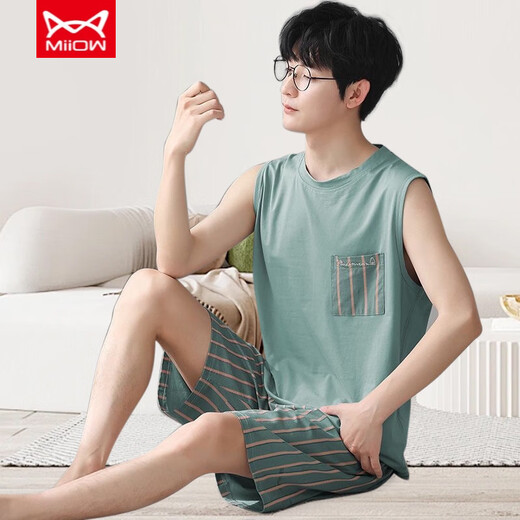 Cat Man (MiiOW) Pajamas Men's Vest Summer Modal Thin Suit Men's Home Clothes Sleeveless Jin Jin is equal to 0.5 kg, plus size two-piece set -12027 Modal Suit L Recommended 100-140 Jin Jin is equal to 0.5 kg