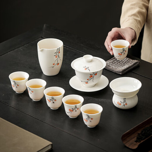 Beiyou Guochao Hand-painted Persimmon Ruyi Kung Fu Tea Set for Teachers, Elders, Leaders, Customers and Friends Housewarming Gift Box Guochao Mutton Fat Jade Porcelain丨Hand-Painted Persimmon Set (Gift Box)