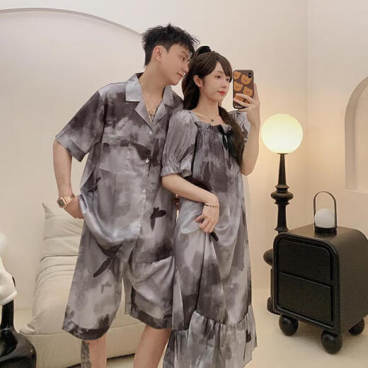 语森忆情侣睡衣一男一女夏季冰丝短袖透气睡裙感休闲大码家居服套装 KAD13076吊带裙-13077 均码 女M+男L