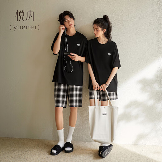 Yuenei Couple Pajamas Ladies with Breast Pad Summer Summer Pure Cotton Short Sleeve Shorts Home Clothes Men's Plaid Fashion Casual 33140 Casual Black-Men's XL (Male 140-160 Jin Jin equals 0.5 kg / Female 120-140 Jin Jin equals 0.5 kg)