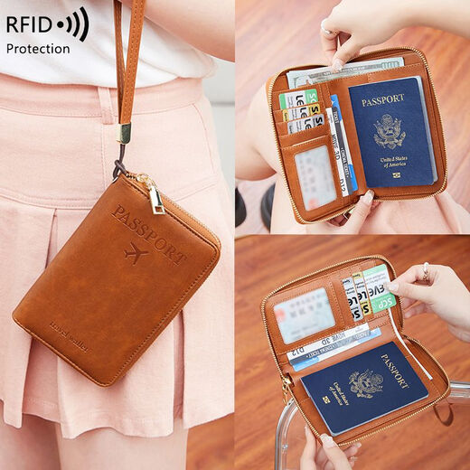 Nuevo nuevo paquete de certificado Cepillado antirrobo Pasaporte Pasaporte Clip Card de identificación de la cremallera Billetera Multifunción Passport de viaje Bolsa Ligera marrón