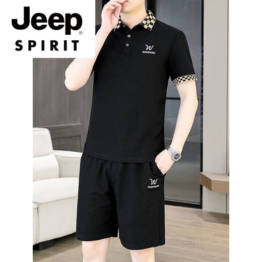 JEEP SPIRIT夏季男士套装短袖POLO衫潮流一套搭配休闲男装夏装t恤短裤二件套 TZ9902米色 【上衣+裤子】=【搭配一套装】 M 【80-105斤】