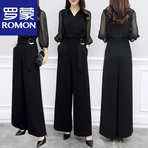 Romon Frühlings- und Sommer-neuer High-T-Teme-Chiffon-Jumpsuit Black Quarter-Areved Slim Temperament Wide-Big Jumpsuit Set für Frauen schwarz [85-95jin [Jin entspricht 0,5 kg]]