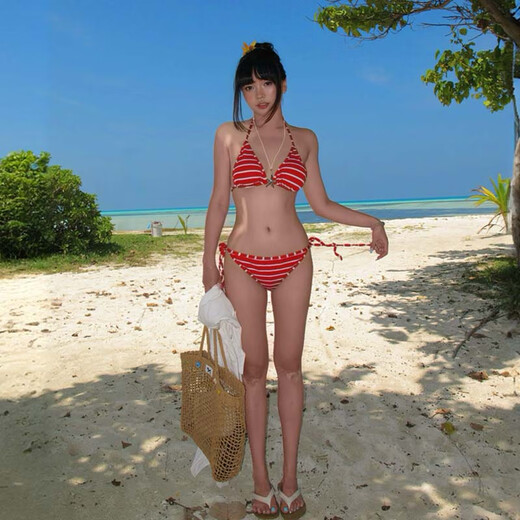 Lekali Bikini Swimsuit Hot Spring Women's Underwear Super Nude Sexy Extremely Tempting Three-Point Beach Vacation Women's Adult With Blue Shorts 80-120Jin Jin is equal to 0.5 kg