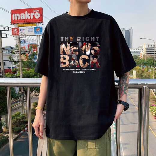 美式重磅短袖T恤男款夏季潮流宽松百搭休闲半袖体恤情侣上衣 【3888*灌篮】黑色 2XL 140-160斤