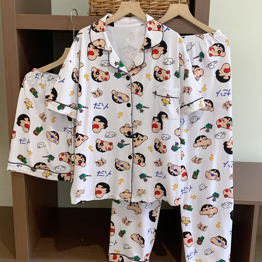 韩版丑鱼汉顿睡衣女夏天薄款家居服短袖短裤长裤卡通可爱三件套装 套WZL1476【无眼罩】 L【建议100-120斤】