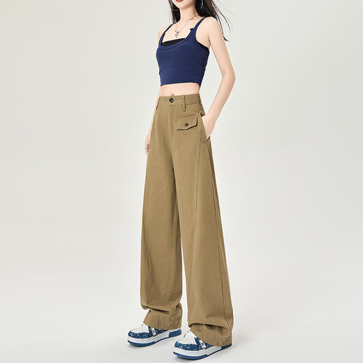 卡其色纯棉工装弯刀牛仔裤女2025夏季新款高腰宽松垂感加长阔腿裤 卡其色长裤 XL 码 建议120-130斤