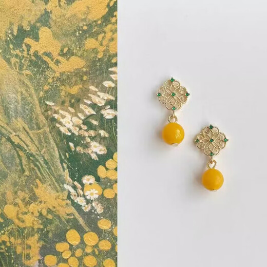 MHFDO beeswax earrings palace style imitation jade hollow rhombus zircon earrings 2025 new new Chinese style stone earrings pair