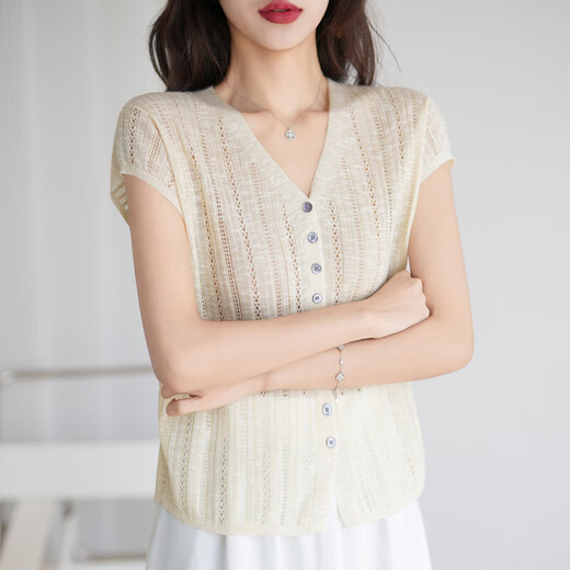 Touch Miss Strick-Strickjacke für Frauen 2025 Sommer neuer eleganter Stil hohl Himmel und ärmelloses gestricktes Top für Frauen Chick Yellow S (105jin [Jin gleich 0,5 kg] oder weniger) oder weniger)
