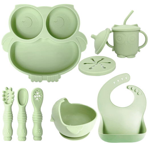 
Baby supplementary food silicone tableware set for children's silicone suction cup bowl baby spoon silicone meal plate owl meal plate beige-3 piece set for fork spoon