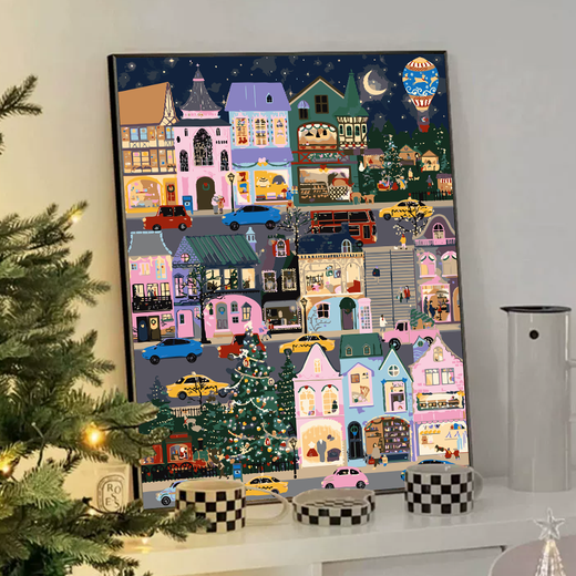 Galison Winter Lights Christmas Digital Pintura al óleo de bricolaje Coloración de acrílico pintado a mano pintura al óleo decorativa Pintura de colgación QX15841 60*70cm Marco interno de madera maciza de espesor + Marco exterior decorativo (seis colores disponibles Ninguno