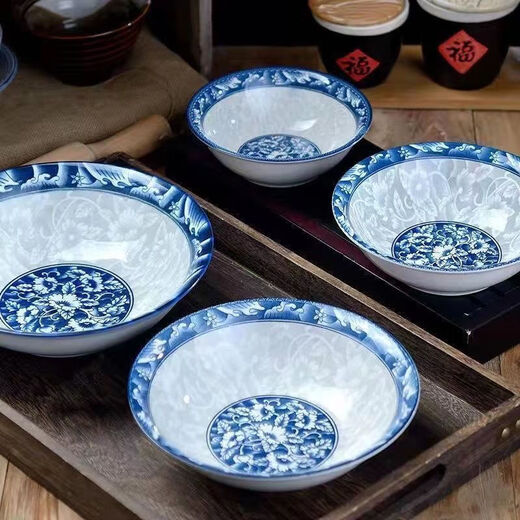 Hanpoke blue and white porcelain bowl household large bowl rice bowl bucket bowl soup bowl bucket hat bowl eating bowl instant noodle bowl noodle bowl plus 4 premium 8-inch bucket bowls
