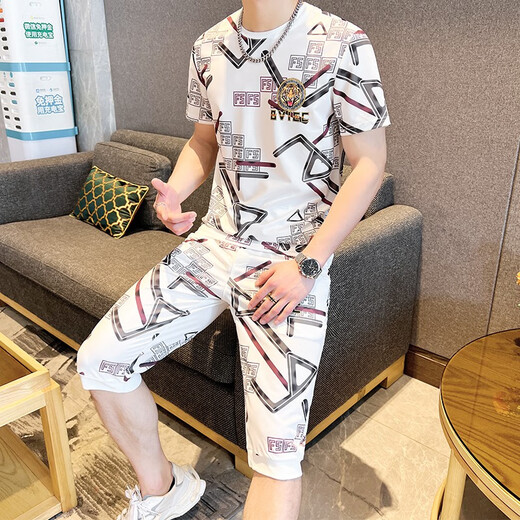 梦特娇（MONTAGUT）断码烫钻短袖恤男夏季潮牌潮流高端冰丝速干男士穿搭七分裤套装痞 829白色 M