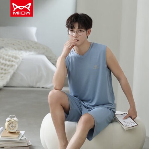 Cat Man (MiiOW) Pajamas Men's Vest Summer Modal Thin Suit Men's Home Clothes Sleeveless Jin Jin is equal to 0.5 kg, plus size two-piece set -12027 Modal Suit L Recommended 100-140 Jin Jin is equal to 0.5 kg
