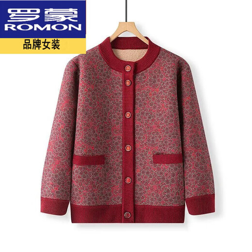 Luo Meng's high-end wool-containing grandma's clothing autumn new velvet cardigan warm clothes for middle-aged and elderly mothers and old ladies tops velvet red thickened XL recommended 90-105Jin Jin equals 0.5 kg