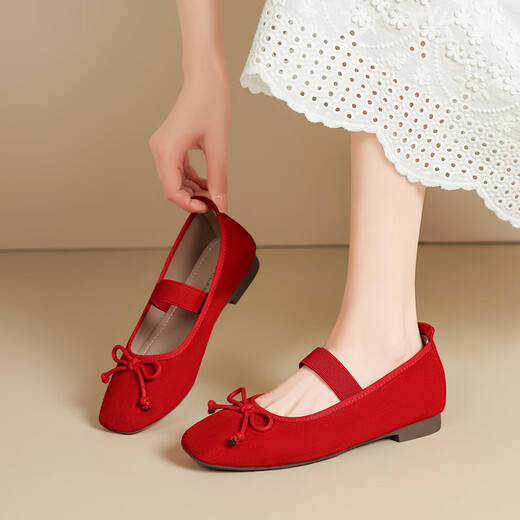 ZHR Single Shoes Frauen Sommertemperament Bow weiche flache Mary Jane Lederschuhe Frauen flacher Mund Ballet Frauenschuhe AH683 rot 39
