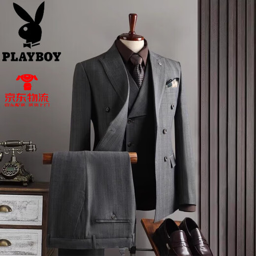 Playboy 2025 Sommer Double Breasted Anzug Set Herren High-End British Stripe Business Anzug dreiteilige Hochzeitskleid dunkelgrau