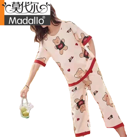 Pajama nuevo modal para mujeres en verano algodón puro puro algodón de manga corta pantalones recortados de verano se puede usar en el traje de hogar de dibujos animados para el hogar de primavera 679 Barbie Bear traje D M Women 75-95 Jin [Jin equivale a 0.5 kg]