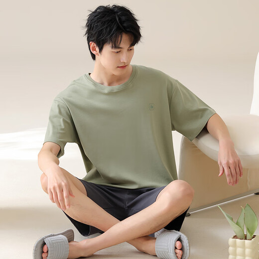 猫人男士睡衣男夏季纯棉100%全棉短袖短裤套装男生宽松大码圆领家居服 绿色13601 L 【推荐100-120斤】