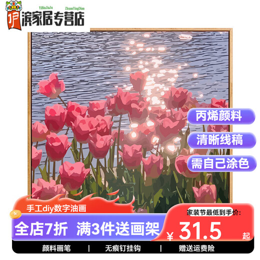 咔佐郁金香数字油画diy填充手工减压手绘填色油彩画丙烯涂色装饰挂画 SJ3897 60*60cm相框(颜色可选)+画笔颜料