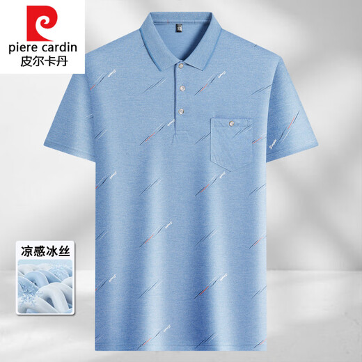 Pierre Cardin Strickte Mitte des Herren-Revers mit kurzärztem T-Shirt Daddy Anzug im Sommer dünnes Polo-Hemd mittlerer und älterer Eissense-Seiden-Seiden-Seiden-Eis-Silk-9923 Blue Real Pocket M 48/165