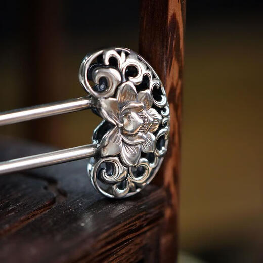 KZD Old Phoenix 999 sterling silver distressed hairpin Chinese retro style hollow peony hairpin pattern Hanfu tied hair headdress retro U-shaped peony.