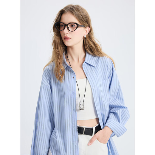 Tricolor 100 Cotton 2025 Autumn New Long Sleeve Loose Striped Shirt Lapel Shirt Cardigan Top M Glacier Blue Stripe M 160/84A