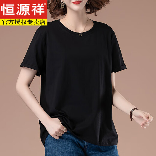 恒源祥中年妈妈夏装短袖t恤女纯棉薄款加大码宽松休闲胖mm显瘦百搭上衣 黑色【9896款】 L 100-115斤