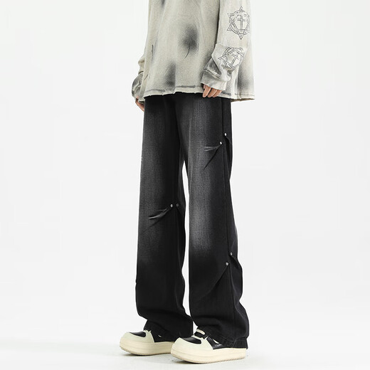 MONPOC American jeans men's spring, autumn and winter retro trendy loose straight casual pants MON02 black gray 2XL