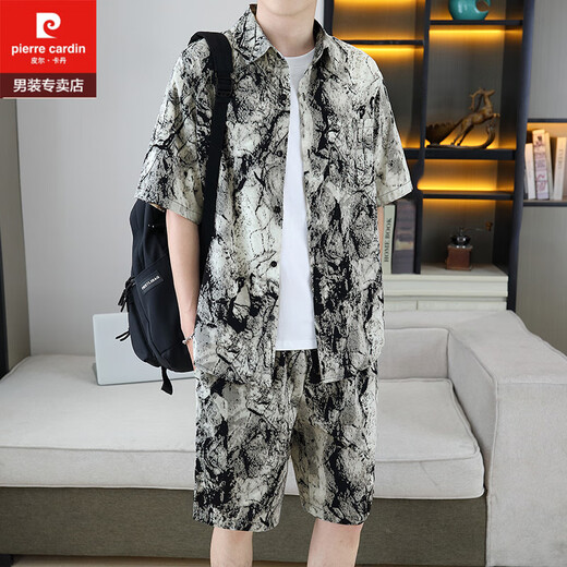 皮尔卡丹（pierre cardin）痞帅衬衣一套男夏季冰丝套装高级感花衬衫短袖短裤沙滩两件套搭配 679白色套装 M 110斤以内