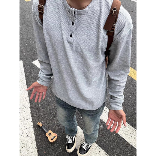 NYING American Henry collar long-sleeved t-shirt for men in autumn and winter new trendy brand simple sweatshirt large size loose inner shirt HT24913 black XL (130-150Jin Jin equals 0.5kg)