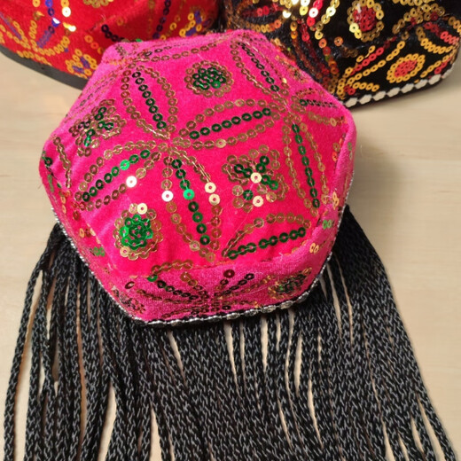Gisailun Xinjiang hexagonal hat dance Uyghur national braid Uygur children hexagonal performance headdress hat adult red hat plus 12 pieces