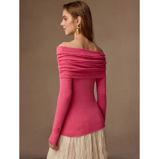 European and American cross-border spring and autumn wool off-shoulder sweater top for women slim solid color pullover one-length sweater base shirt rose red L
