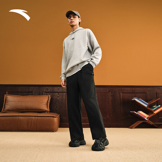 ANTA Trendy American Woven Casual Pants Men's 2025 New Loose Straight Pants Wide Leg Workwear Sports Pants Basic Black-4 L (Male 175)