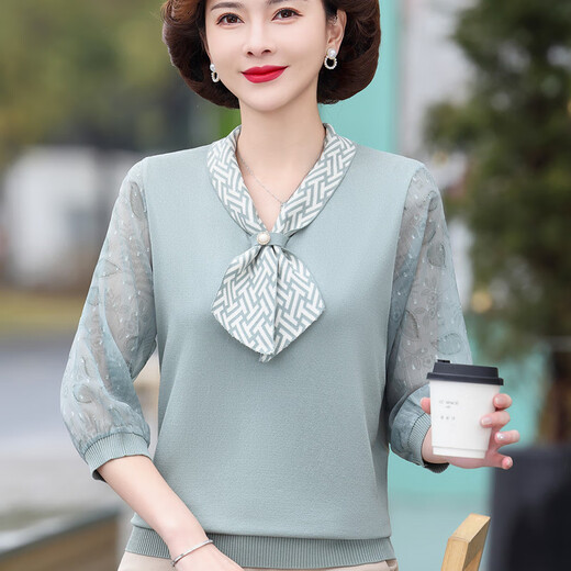 花花公子新款妈妈春装洋气纱袖针织恤薄款打底衫 蓝色6636 XL (建议115-125斤)