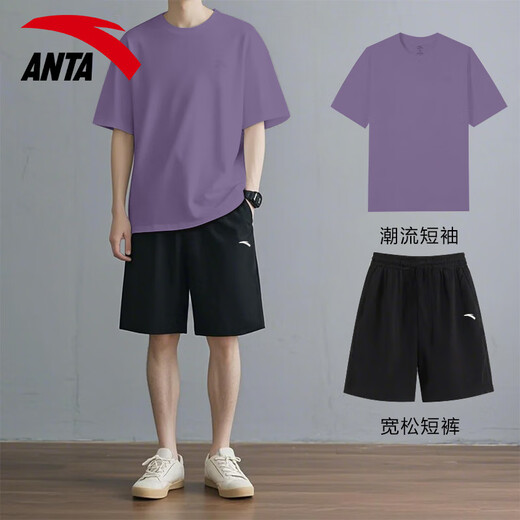 安踏休闲运动套装男夏季新款纯棉短袖T恤短裤宽松运动服青少年两件套 【套装】-1纯净白 L/175