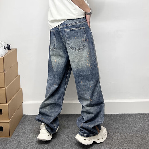 RankDavey Light Luxury High-End Brand American Fashion Fashion Fashion Microcone Jeans Retro Washing and Splashing Paint Long Long Blue_H3899 S _105-125Jin [Jin equivale a 0.5 kg]