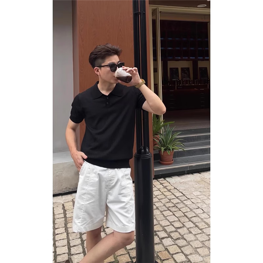 Jufeng old money style Henry collar knitted Polo shirt short-sleeved men's summer heavy lapel shoulder T-shirt American retro half-sleeved black M (suitable) 100-115Jin Jin equals 0.5 kg