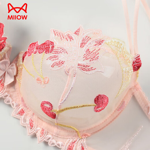 Catman (MiiOW) French lace bra sexy summer red lingerie women's suit transparent thin gathering bra seduction black cotton pad set (bra + panties) 70B 32