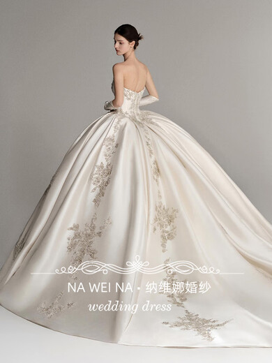 勤驰抹胸主婚纱礼服新娘新款复古出门纱小个子简约重工缎面轻 齐地送头纱手套裙撑+模特同款袖 S 均码