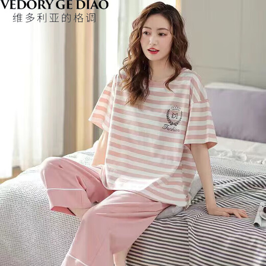 
Victoria's style pure cotton pajamas for women in summer short-sleeved cropped pants suit loose spring and summer can wear home clothes outside. Short-sleeved cropped pants 679 L Recommended 98-115Jin [Jin equals 0.5 kg]