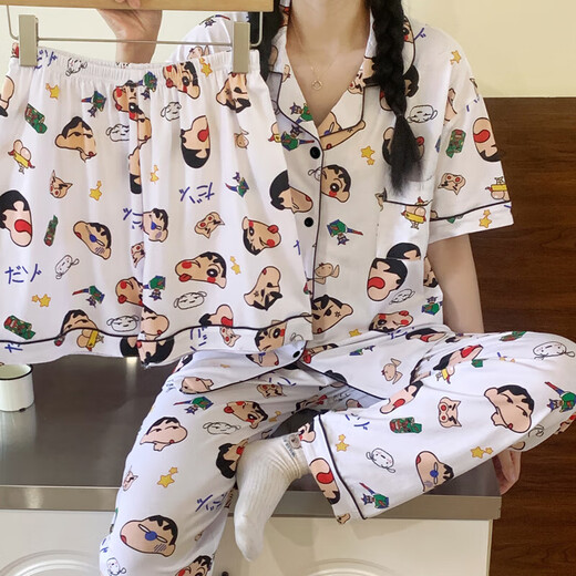 韩版丑鱼汉顿睡衣女夏天薄款家居服短袖短裤长裤卡通可爱三件套装 套WZL1476【无眼罩】 L【建议100-120斤】