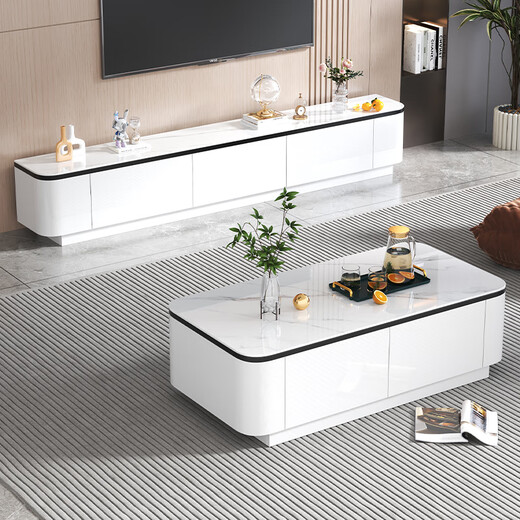Zhimusen fully packed and shipped solid wood TV cabinet living room home storage cabinet slate floor coffee table TV cabinet combination Snow mountain white + gray cabinet four-drawer coffee table 120*60 floor-standing black edge style