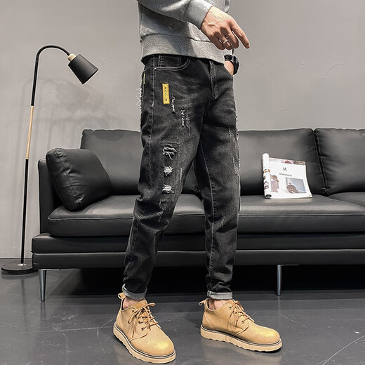 Fat Donglai Men's Ripped Jeans Summer Fashion Brand Slim Feet 2025 New Summer 6636 Black. 31