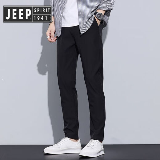 JEEP SPIRIT Jeep Men's Casual Pants 2025 New High-end Straight Slim Business Black Suit Thin Pants Men's Summer 9905 Black Nine-point [Upgraded Ice Wire] 28 [90-100Jin [Jin equals 0.5 kg]]
