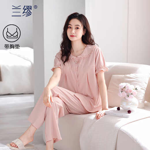 Lamiu Pyjamas Frauen 2025 Neue Sommer-Baumwolle mit Brustpolster Sommer kurzärmelige Hosen weich