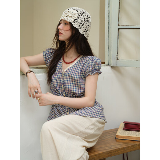 Mystery Spitzenspitze kurzärmeligte Hemd für Frauen 2025 Sommer Neue Fliege Biege Puff-Hemd Taille Top Trendy Blue Grid m