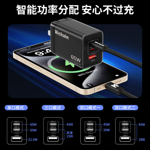 Hichain Hechang 65W gallium nitride charger set pd45W multi-port fast charging head Type-C suitable for Apple 17 Huawei Xiaomi mobile phone tablet MacbookPro laptop